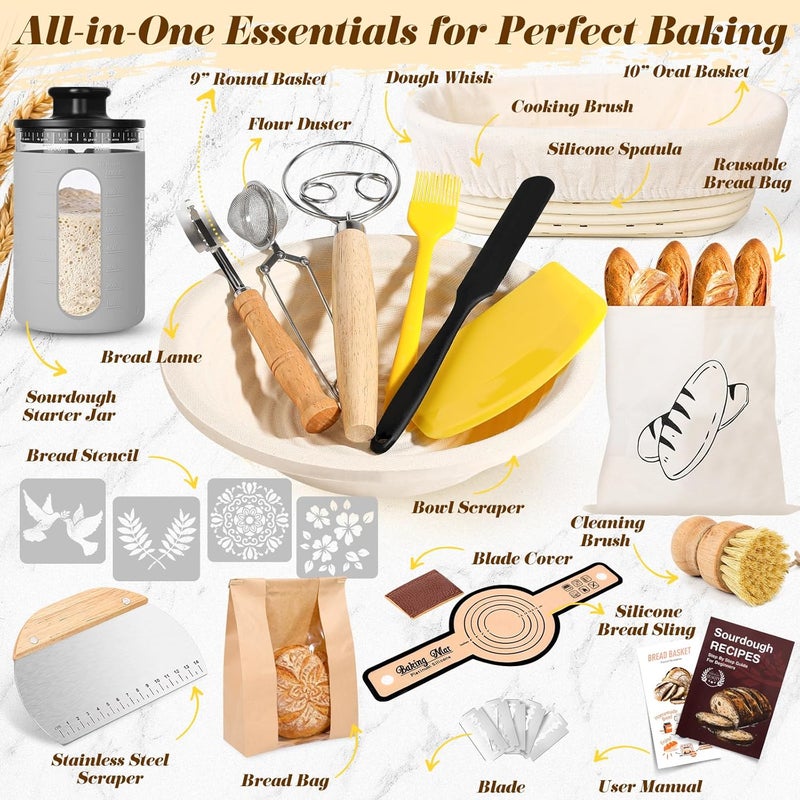 Risecret Deluxe Sourdough Starter Kit with Wood Pulp 9" Round & 10" Oval Bannetons & Personalized 34 oz Sourdough Starter Jar Air Flow Lid, Bread Sling Scrapers & Bag Complete Sourdough Bread Baking Supplies - Image 2